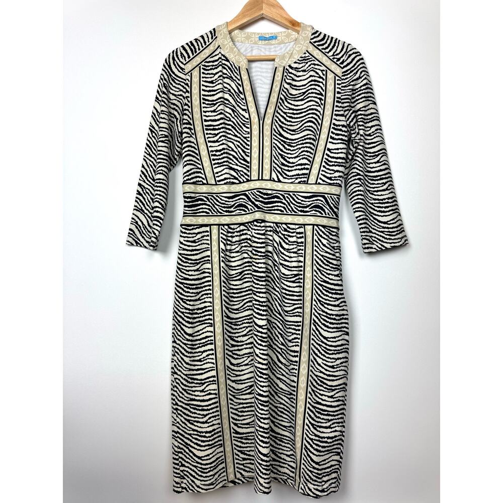 J.McLaughlin Zebra Print Sheath 3/4 Sleeve V-Neck Zippered Closure Dress Size S